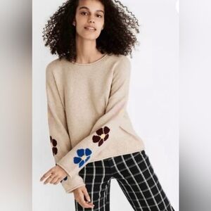 Madewell Belmore Floral-Sleeve Pullover Sweater in Coziest Textured Yarn - Small